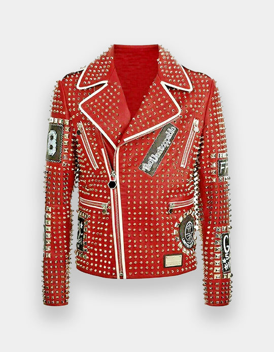 Men's Full Studded Embroidery Patches Leather Jacket, Biker-Jacke mit Nieten